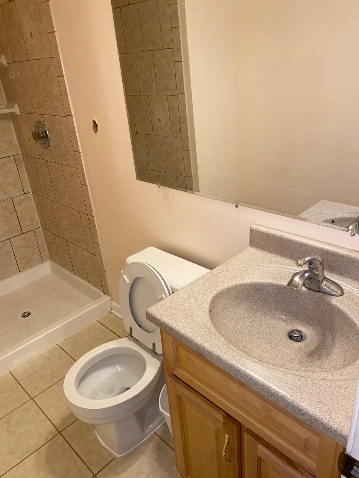 Full bathroom cleaned with toilet vanity and mirror spotless