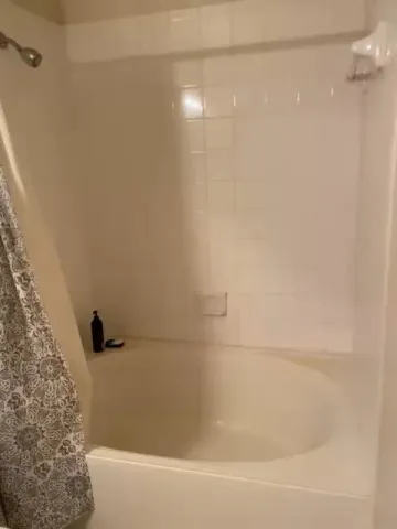 Tub and shower cleaned with curtain drawn back