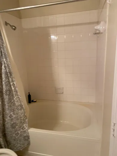 Tub and shower with curtain cleaned and reset